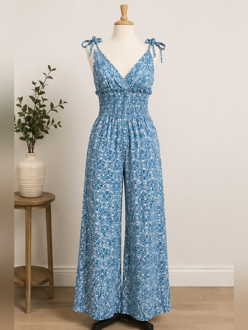 Patrons of Peace XS Blue White Smocked Wide Leg Jumpsuit Tie Strap Boho Resort